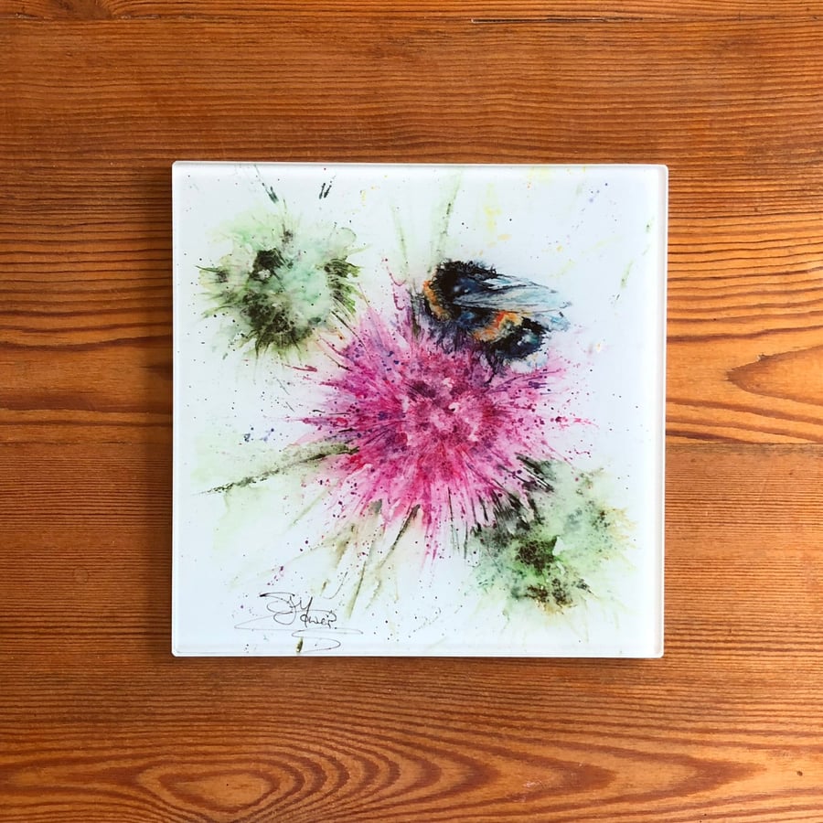 Bee Nice Glass Trivet, Bee & Thistle Pot Stand, Table Mat, Placemat, Hot Plate T