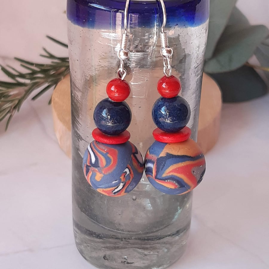 Dangly polymer clay statement earrings in airforce blue, red and pastel orange