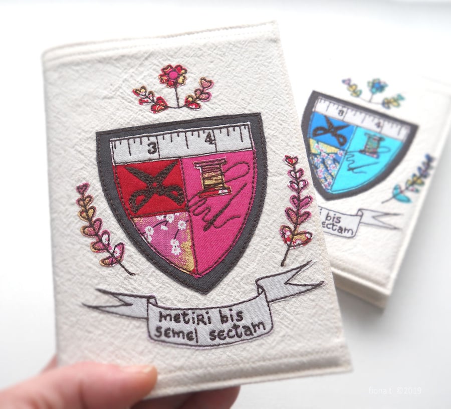 freehand embroidered notebook A6 sewing coat of arms pink