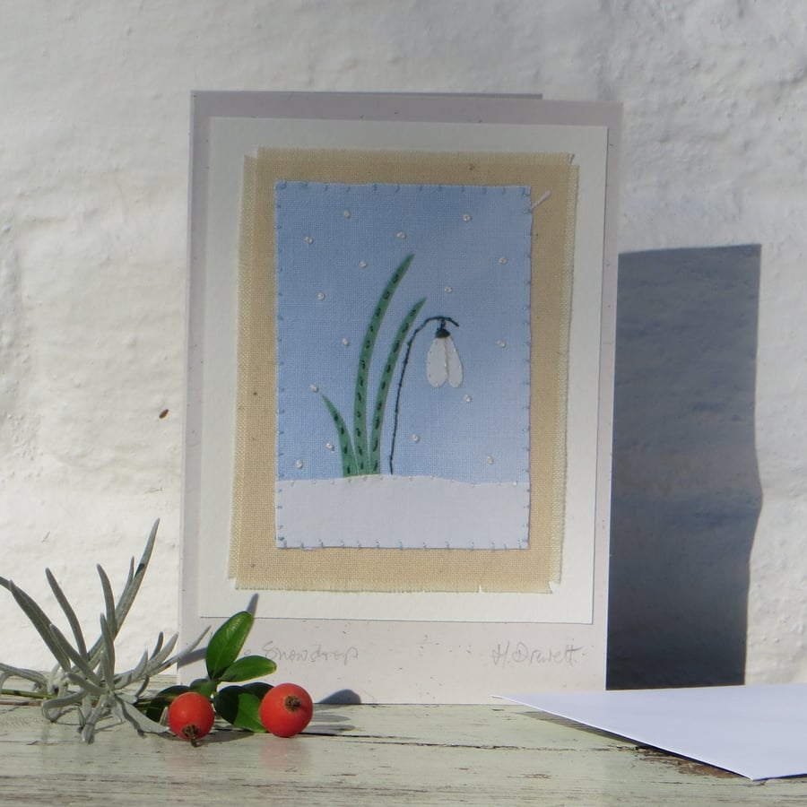 Little Snowdrop hand-stitched card for Christmas, New Year, sympathy, birthday