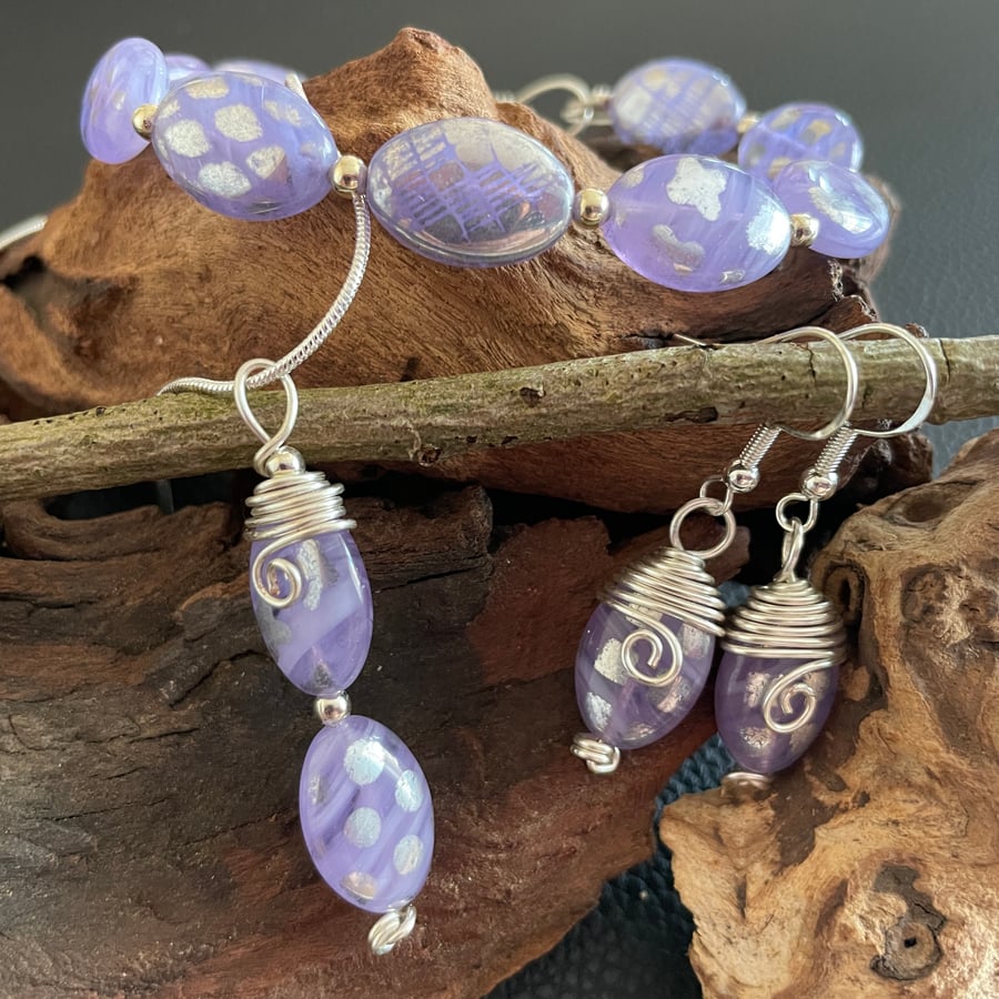 Lilac Glass Beaded Pendant, Earrings and Bracelet