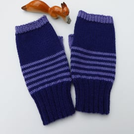 Navy and Purple Stripe Wool Fingerless Gloves