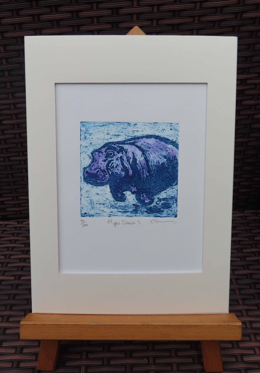 Purple Hippo Swim 3 Art Original Collagraph Print Animal