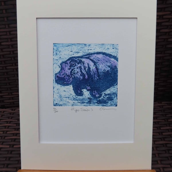 Purple Hippo Swim 3 Art Original Collagraph Print Animal
