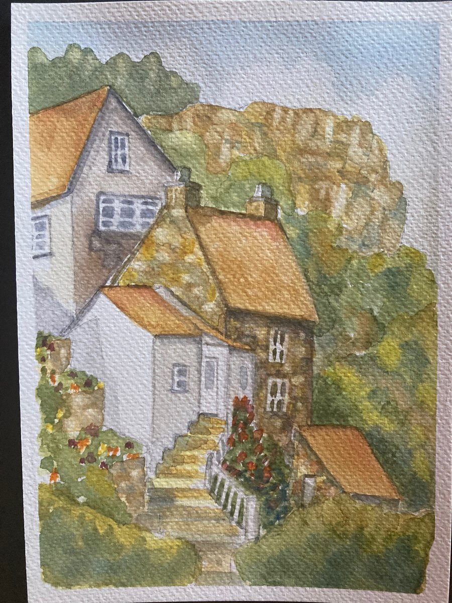 Watercolour art of English hillside houses, landscape of Yorkshire