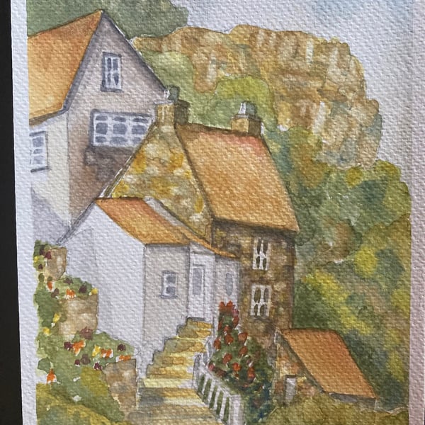 Watercolour art of English hillside houses, landscape of Yorkshire