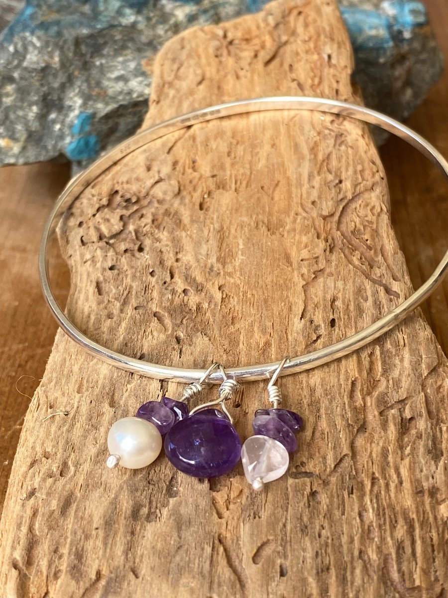 Sterling silver bangle with Amethyst, Rose Quartz & freshwater pearl 