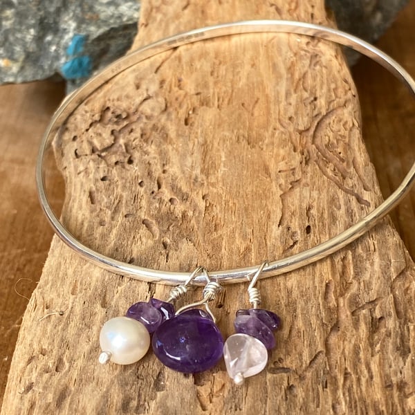 Sterling silver bangle with Amethyst, Rose Quartz & freshwater pearl 