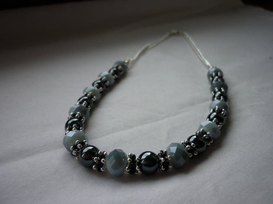 GREY SHADOW, HEMATITE, BLACK AND SILVER NECKLACE.  991