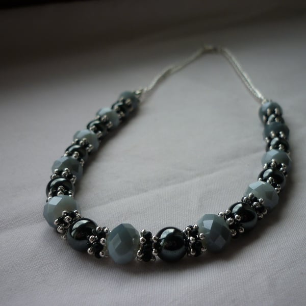 GREY SHADOW, HEMATITE, BLACK AND SILVER NECKLACE.  991