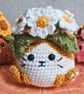 Decorative Crochet Amigurumi Cat Pot With Daisies - Interior Décor Flower Pot 
