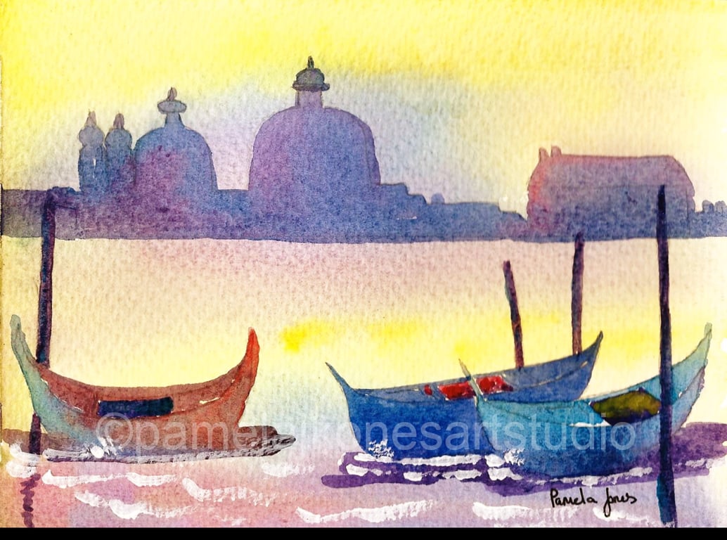 Colourful Gondolas, Venice, Italy, Original watercolour in 10 x 8 '' Mount. 