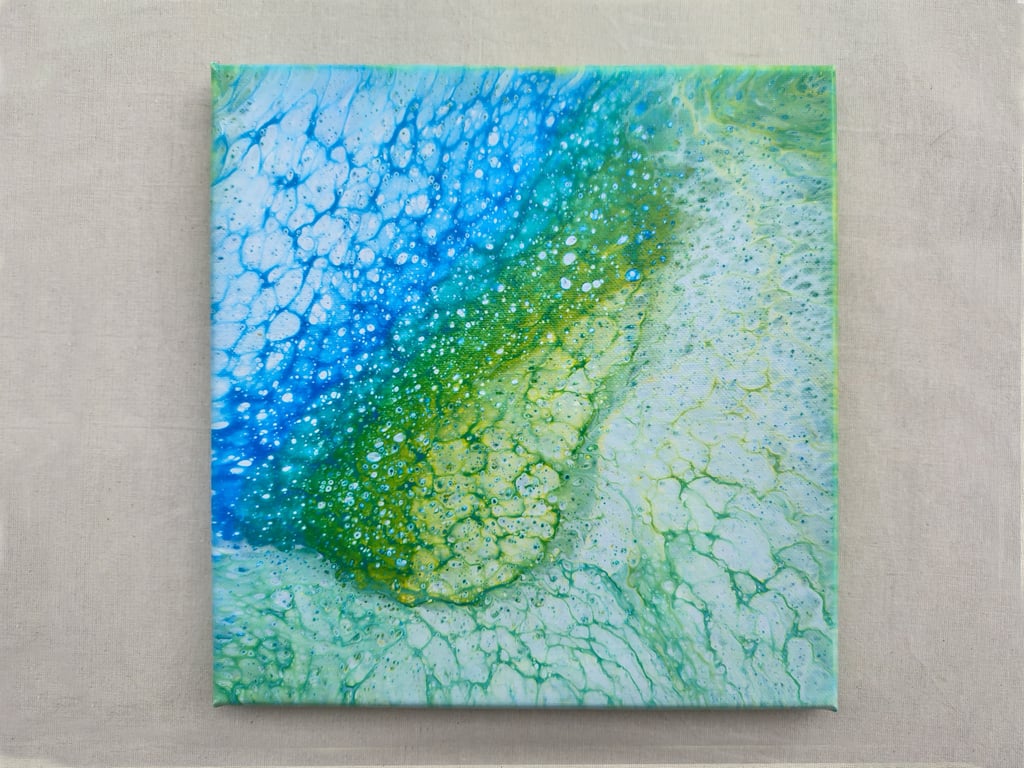 Acrylic Pour Art Canvas, Wall Art - Blue, Green and White Colour Scheme
