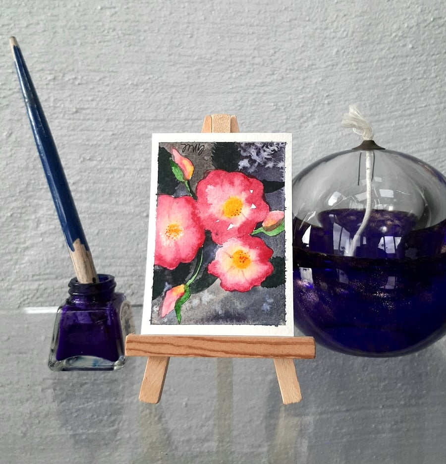 Pink Wild Rose Handpainted Art Trading Card. ACEO. Original Watercolour Mini Art