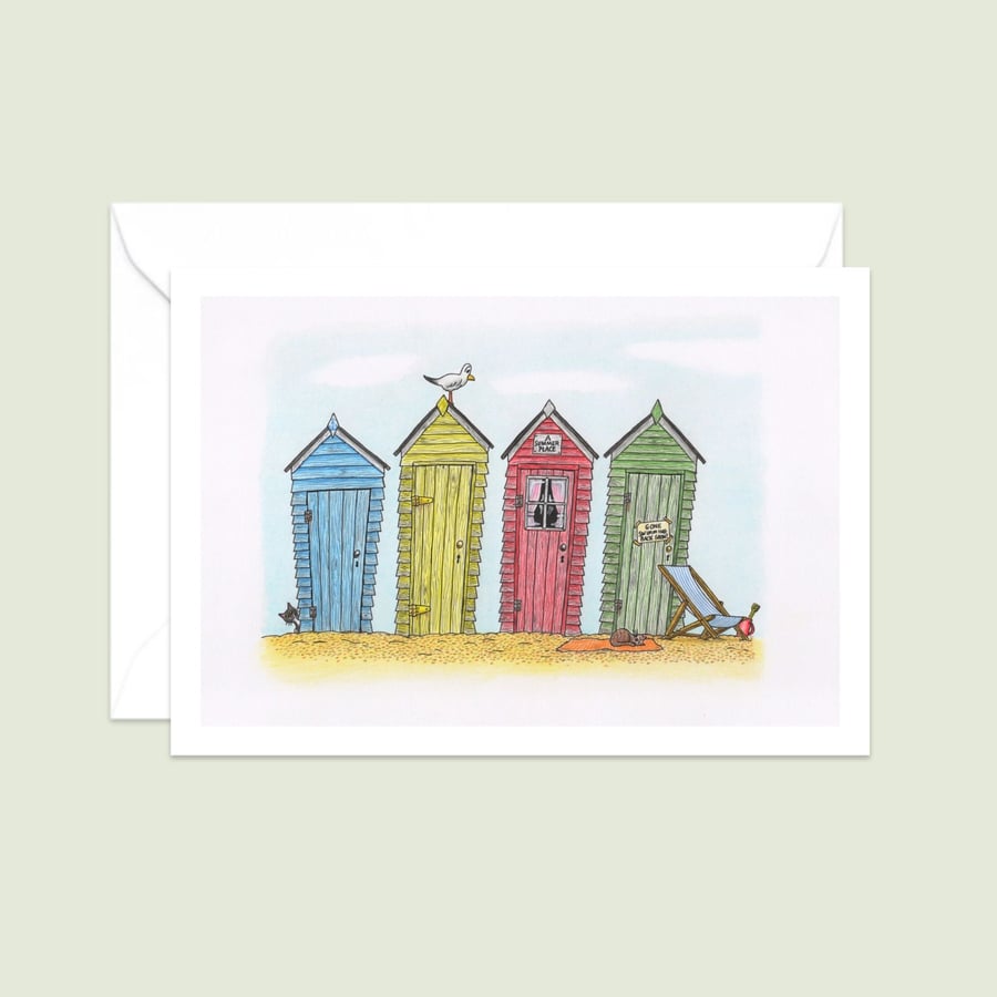 Beach Huts Greeting Card: Hand Drawn Seaside Illustration (807)