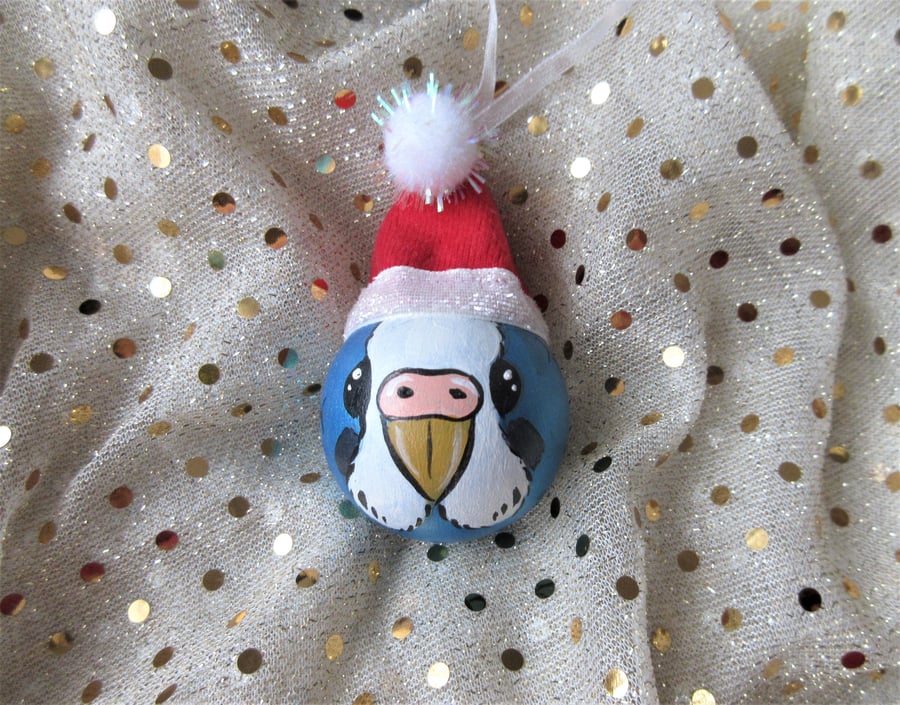 Budgie Bauble Christmas Tree Decoration Wooden Budgerigar in Santa Hat