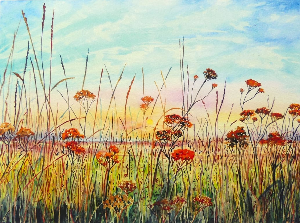 Colourful Watercolour Print: Summer Fields  Landscape Bespoke Art
