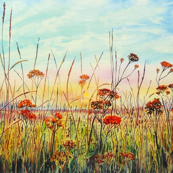 Colourful Watercolour Print: Summer Fields  Landscape Bespoke Art