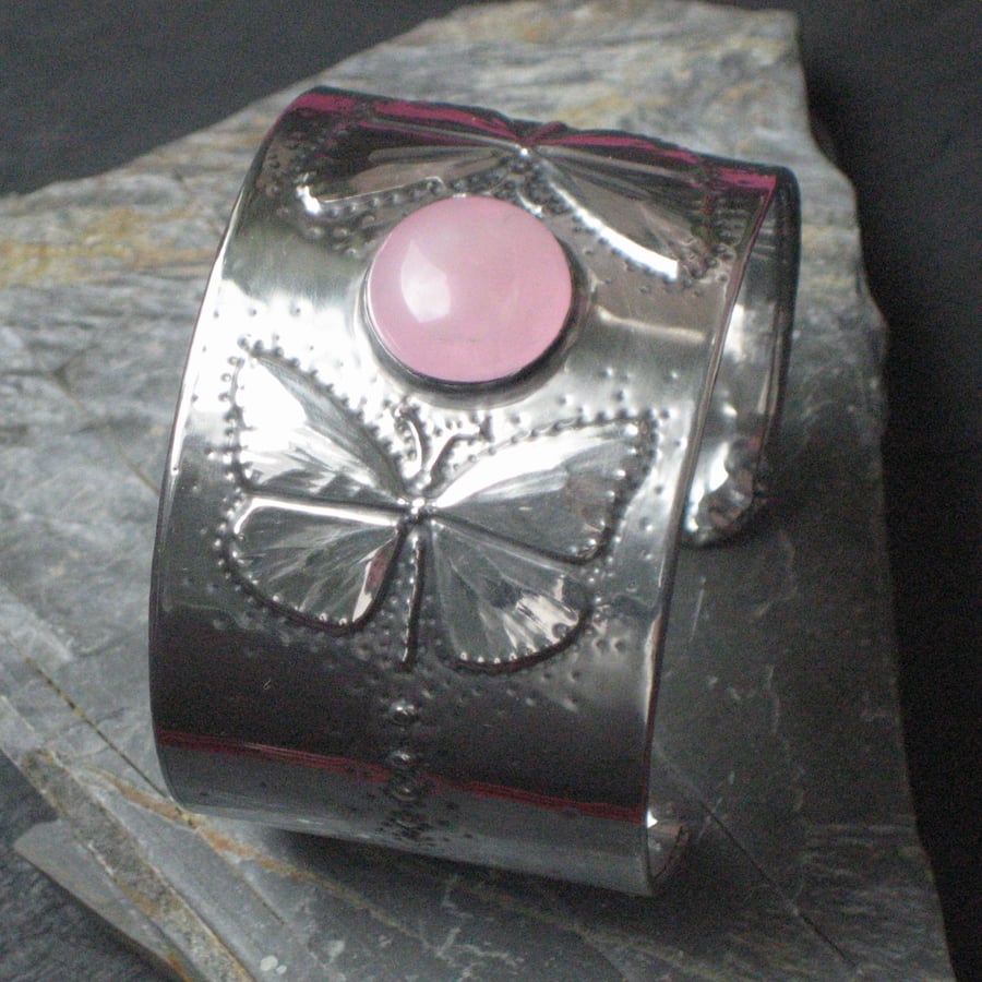 Silver Pewter Butterfly Cuff Bracelet with Rose Quartz
