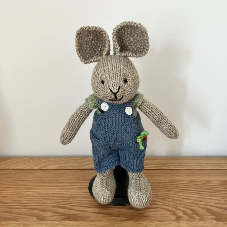 Hand knitted Rabbit in Dungarees