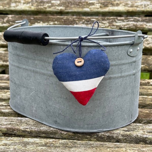 SALE - DENIM HEART DECORATION -  navy, white and red stripes
