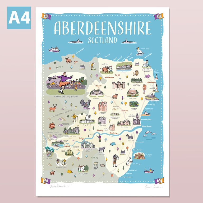 Aberdeenshire A4 illustrated map poster, travel print Scottish Highlands