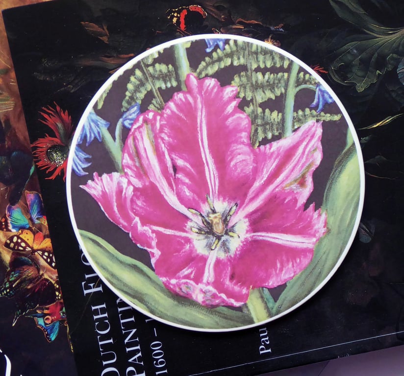 Tulip and Bracken Artwork Round Ceramic Tile Trivet with Cork Backing