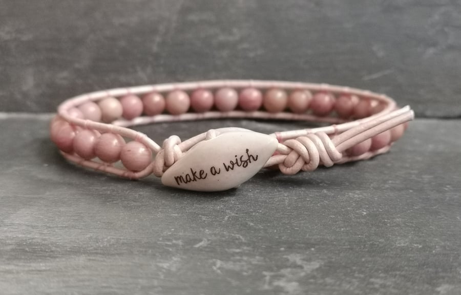 Make A Wish pink Rhodonite and leather bracelet with ceramic bead fastener 
