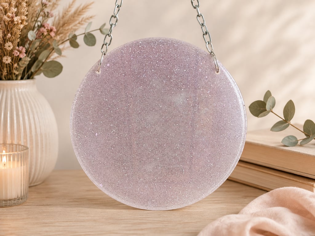 Summer Seconds. Pale Pink Glittery Resin Hanging Ornament. Simple But Elegant