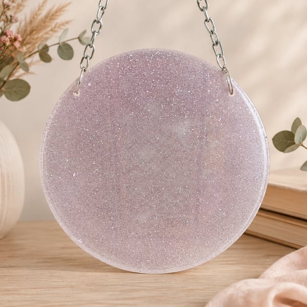 Summer Seconds. Pale Pink Glittery Resin Hanging Ornament. Simple But Elegant