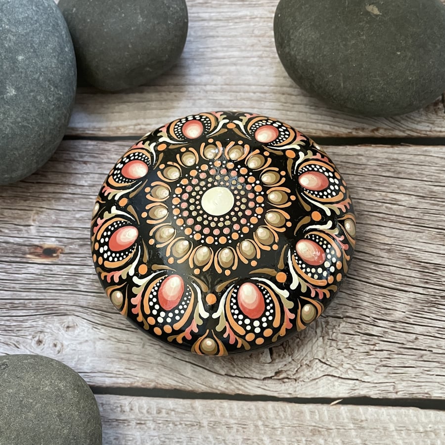 Brown Orange Mandala Painted Rock Art Stone Acrylic Art Painting Hand Painted