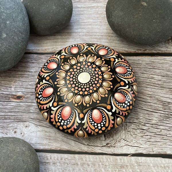 Brown Orange Mandala Painted Rock Art Stone Acrylic Art Painting Hand Painted