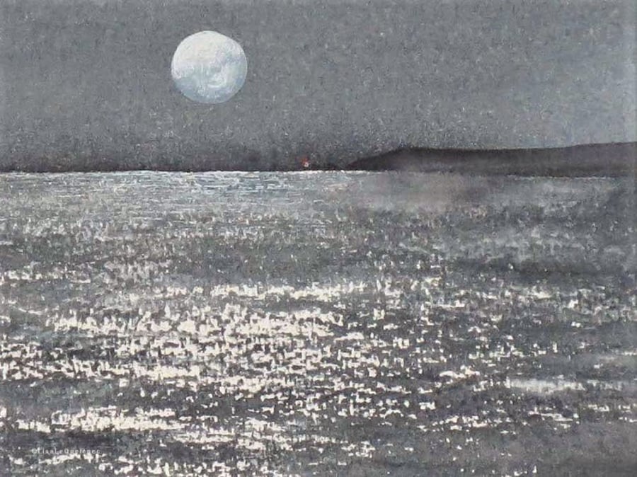 Moon over the ocean original watercolour painting