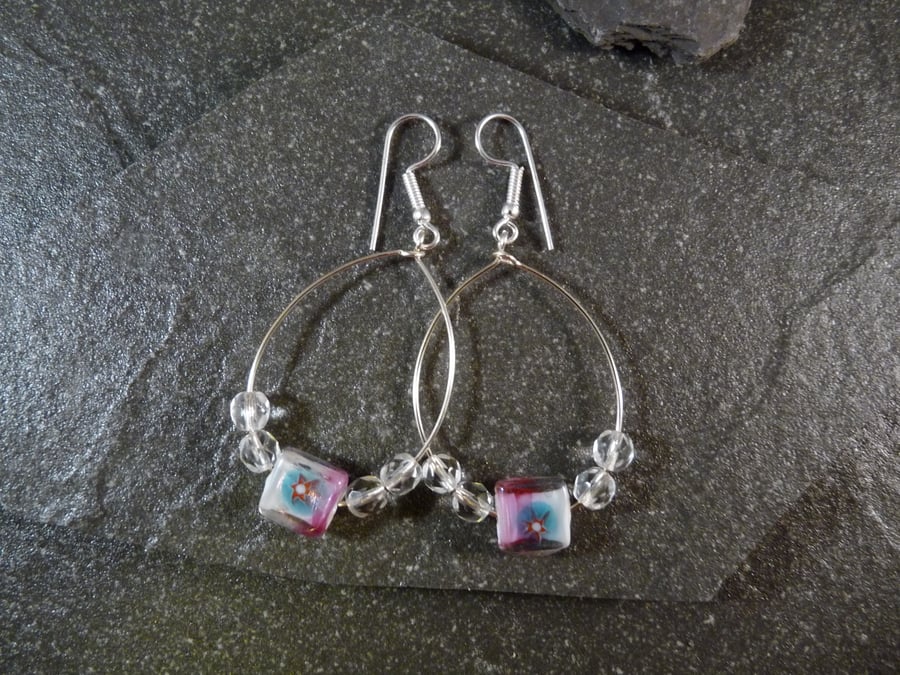 Large Hoop Earrings - Pink Star Glass Bead - 40mm - Sliver Colour