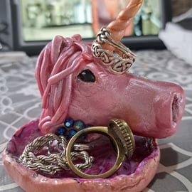 Handmade Unicorn ring and jewellery holder dish trinket holder Pink