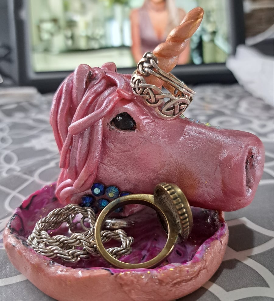 Handmade Unicorn ring and jewellery holder dish trinket holder Pink