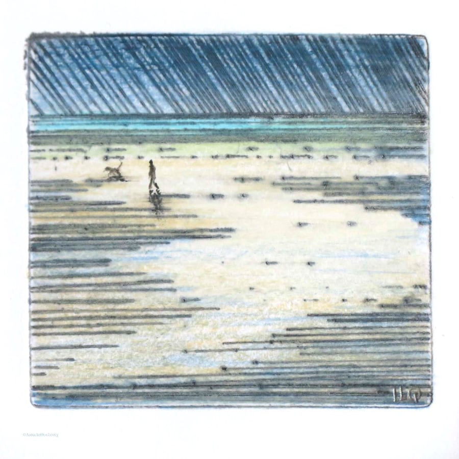 Original mini art walking the dog beach coastal drypoint etching & pencil