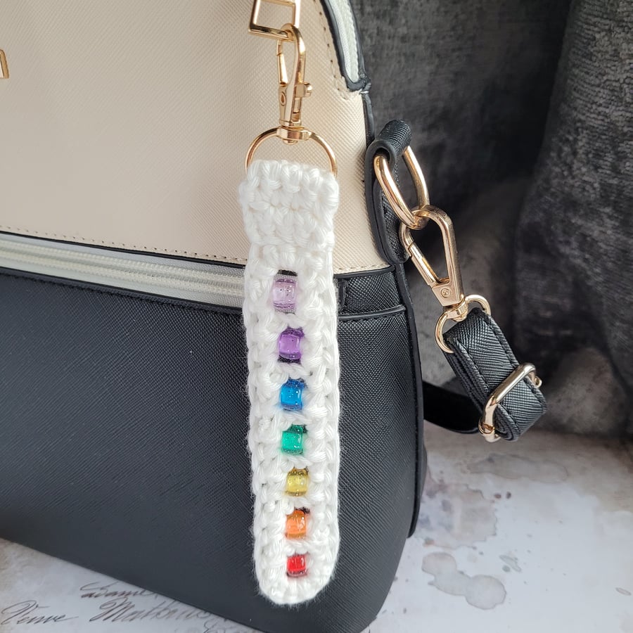 Hand Crochet Chakra Fidget Bag Charm, Beaded Sensory Aid, Anxiety Relief, White