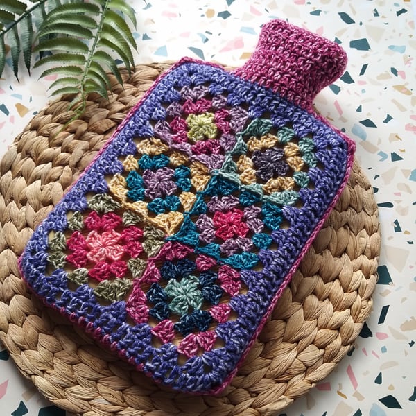  Crochet Hot Water Bottle Cover 'Happy Scrappy' Granny Square