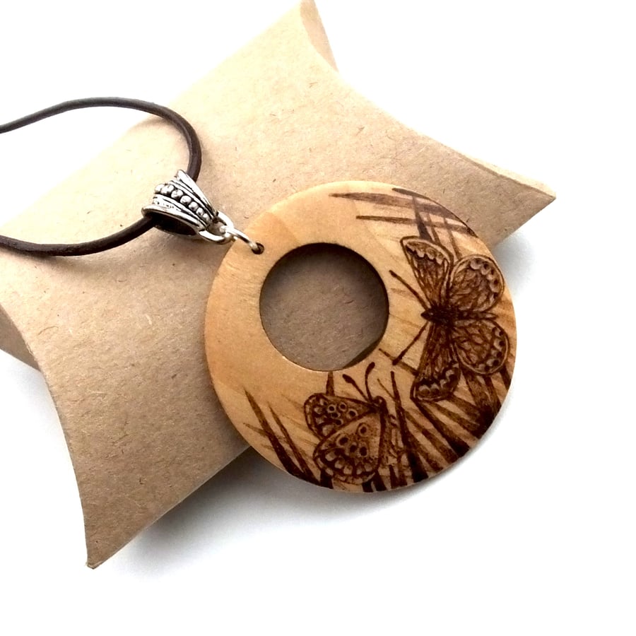 Beautiful Butterflies Wooden Pyrography Pendant Necklace