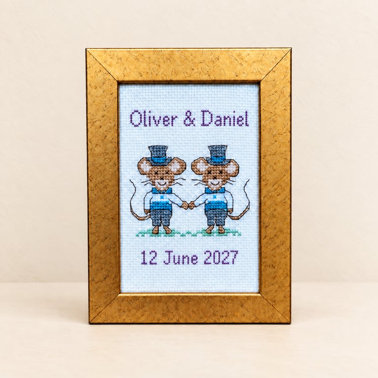 Personalised Wedding Mice Cross Stitch – Framed Keepsake - Grooms