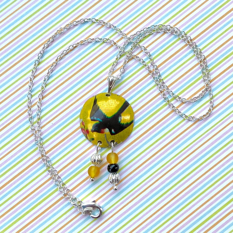 Recycled vintage tin domed yellow beaded bird pendant necklace