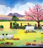 Cherry Blossom, Sheep, Brecon Beacons, Original Watercolour, in 14 x 11 '' Mount