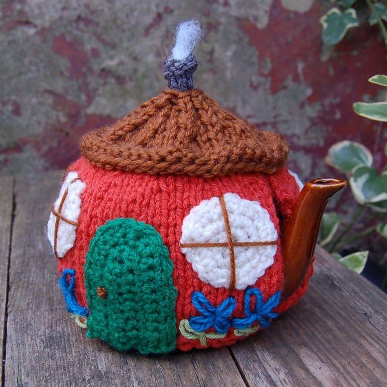Country cottage tea cosy - hand embroidered, to fit a tea for one or two teapot