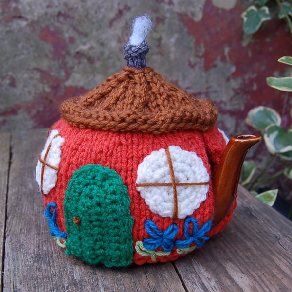 Country cottage tea cosy - hand embroidered, to fit a tea for one or two teapot