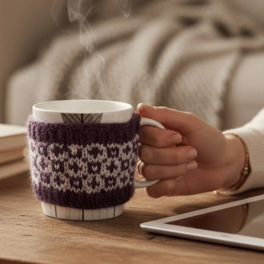 Purple Sheep mug hug , fair isle knitted cosy