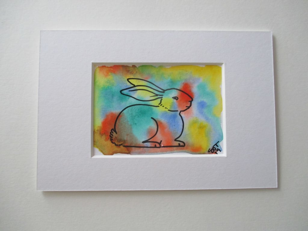 ACEO Bunny Rabbit Original Mixed Media Painting Art Picture Rainbow Memorial