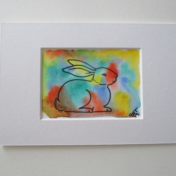 ACEO Bunny Rabbit Original Mixed Media Painting Art Picture Rainbow Memorial
