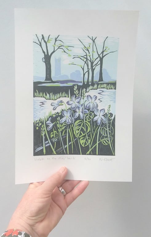 Violets on the river bank - linoprint
