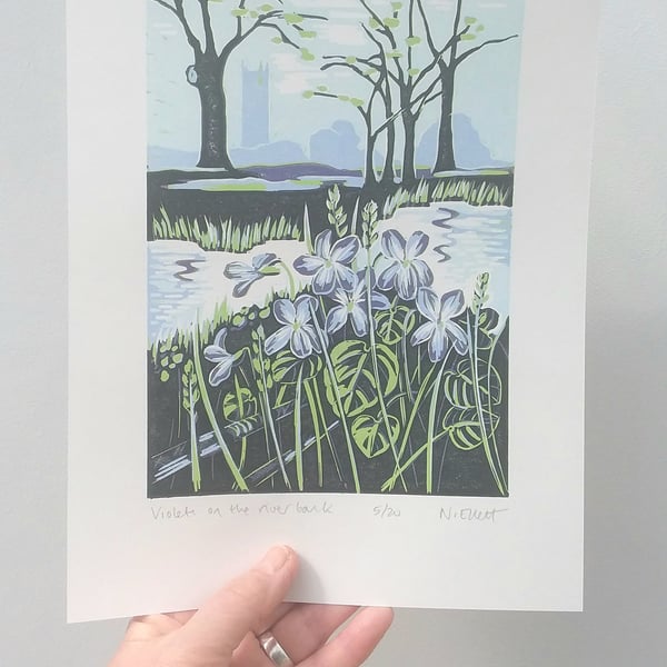 Violets on the river bank - linoprint